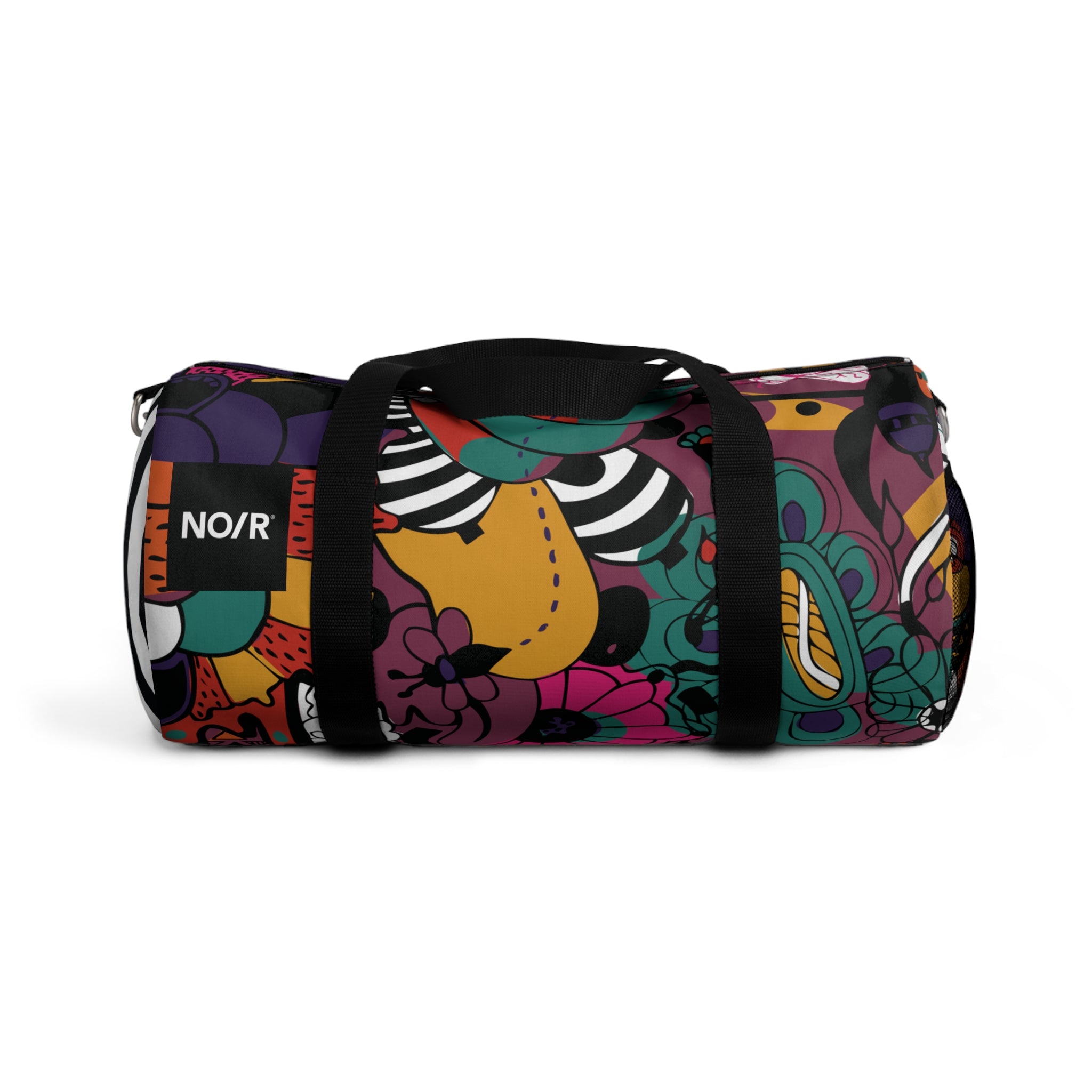 NO/R X BONGANG JEWEL Duffel Bag featuring vibrant, abstract artwork by Kevin Bongang. The bag showcases a dynamic fusion of colors and patterns, transforming a classic travel accessory into a wearable piece of art."