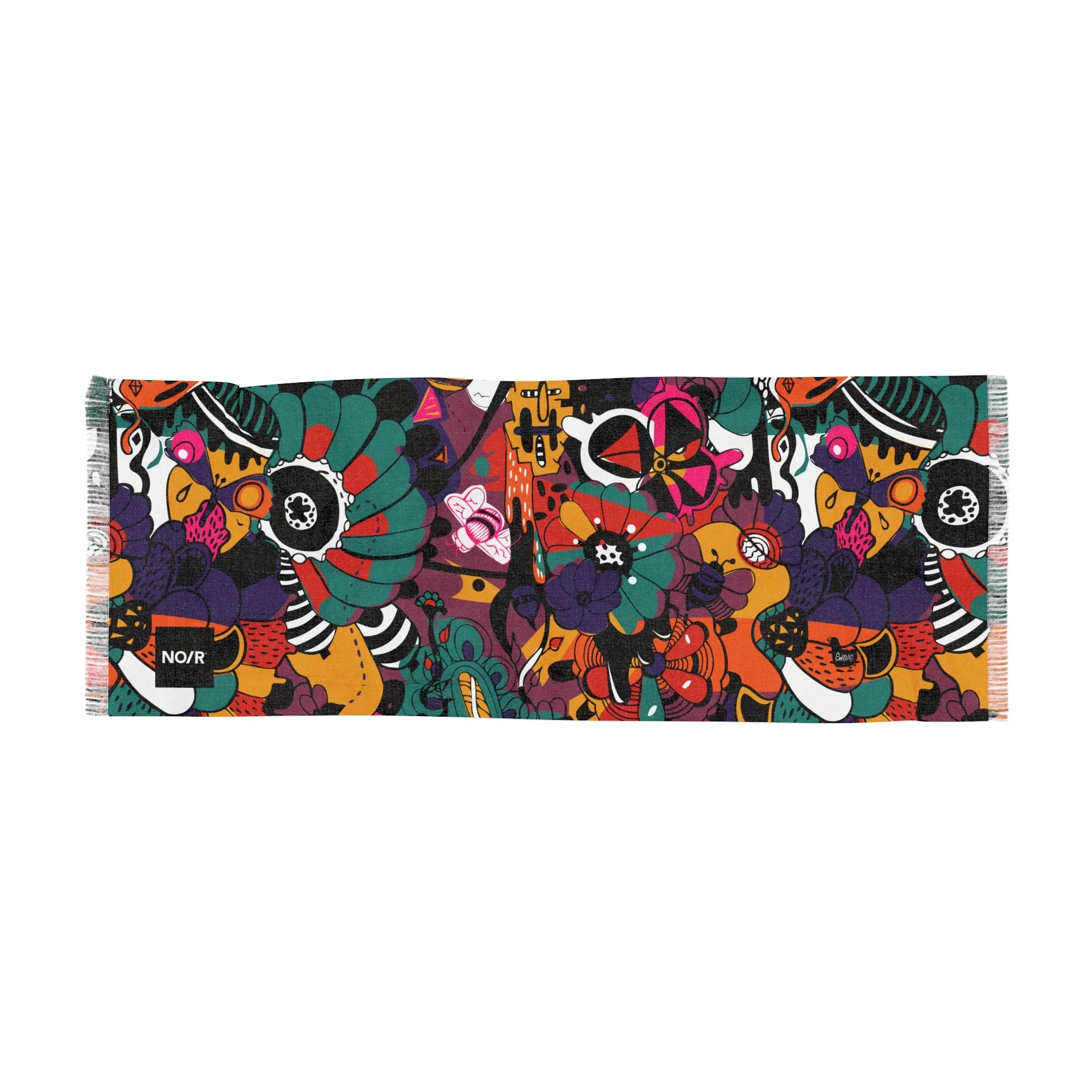 jewel-toned colorful light scarf one-sided print rolled up on white background - open full view