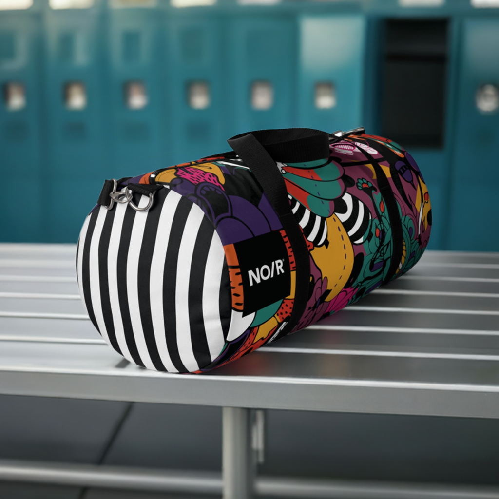 NO/R X BONGANG JEWEL Duffel Bag featuring vibrant, abstract artwork by Kevin Bongang. The bag showcases a dynamic fusion of colors and patterns, transforming a classic travel accessory into a wearable piece of art."