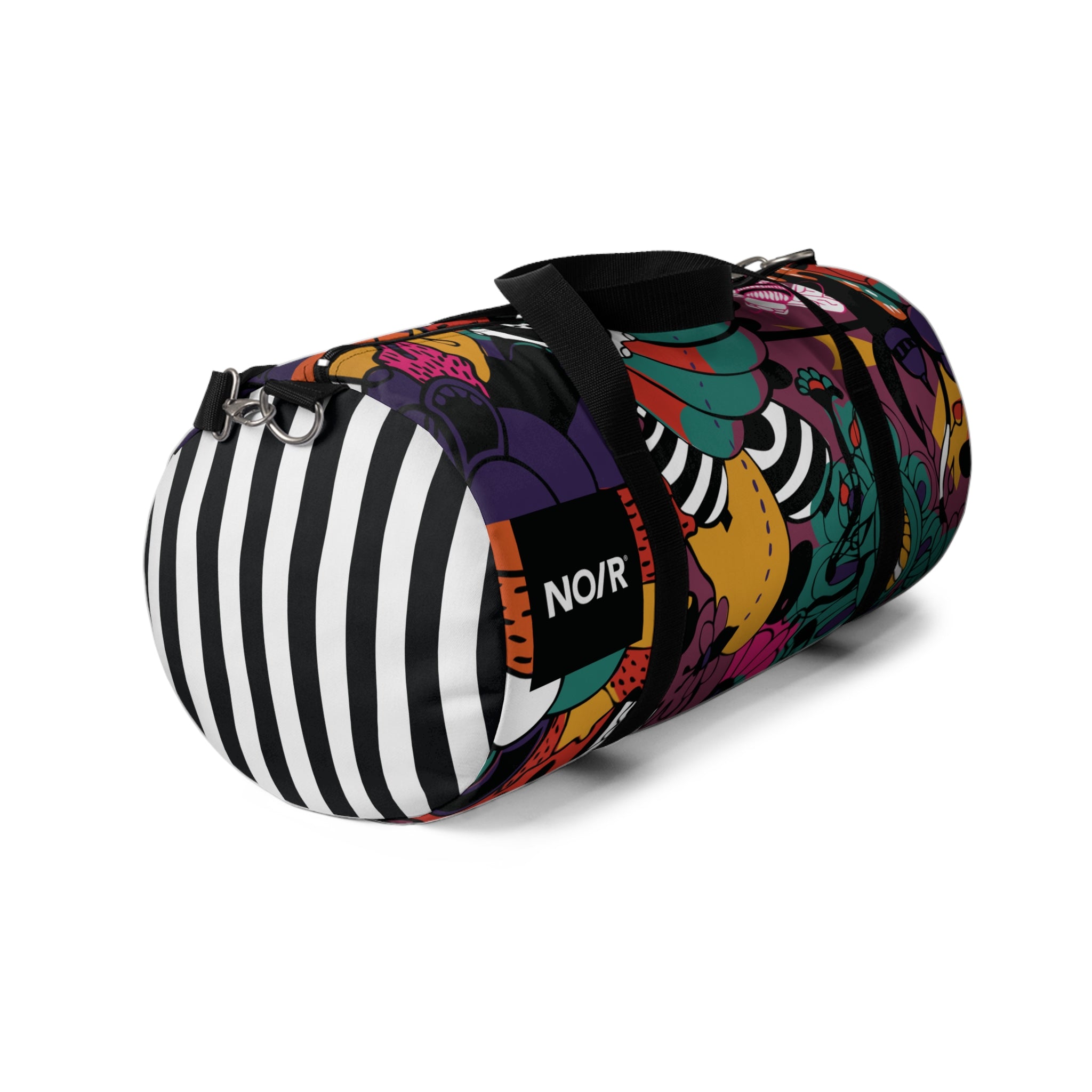 NO/R X BONGANG JEWEL Duffel Bag featuring vibrant, abstract artwork by Kevin Bongang for NO/R. The bag showcases a dynamic fusion of colors and patterns, transforming a classic travel accessory into a wearable piece of art."