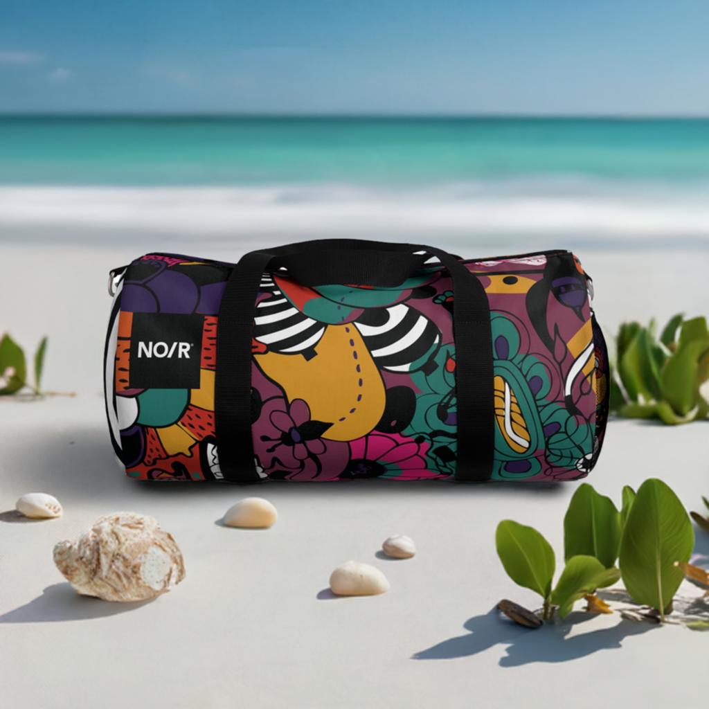 NO/R X BONGANG JEWEL Duffel Bag featuring vibrant, abstract artwork by Kevin Bongang. The bag showcases a dynamic fusion of colors and patterns, transforming a classic travel accessory into a wearable piece of art."
