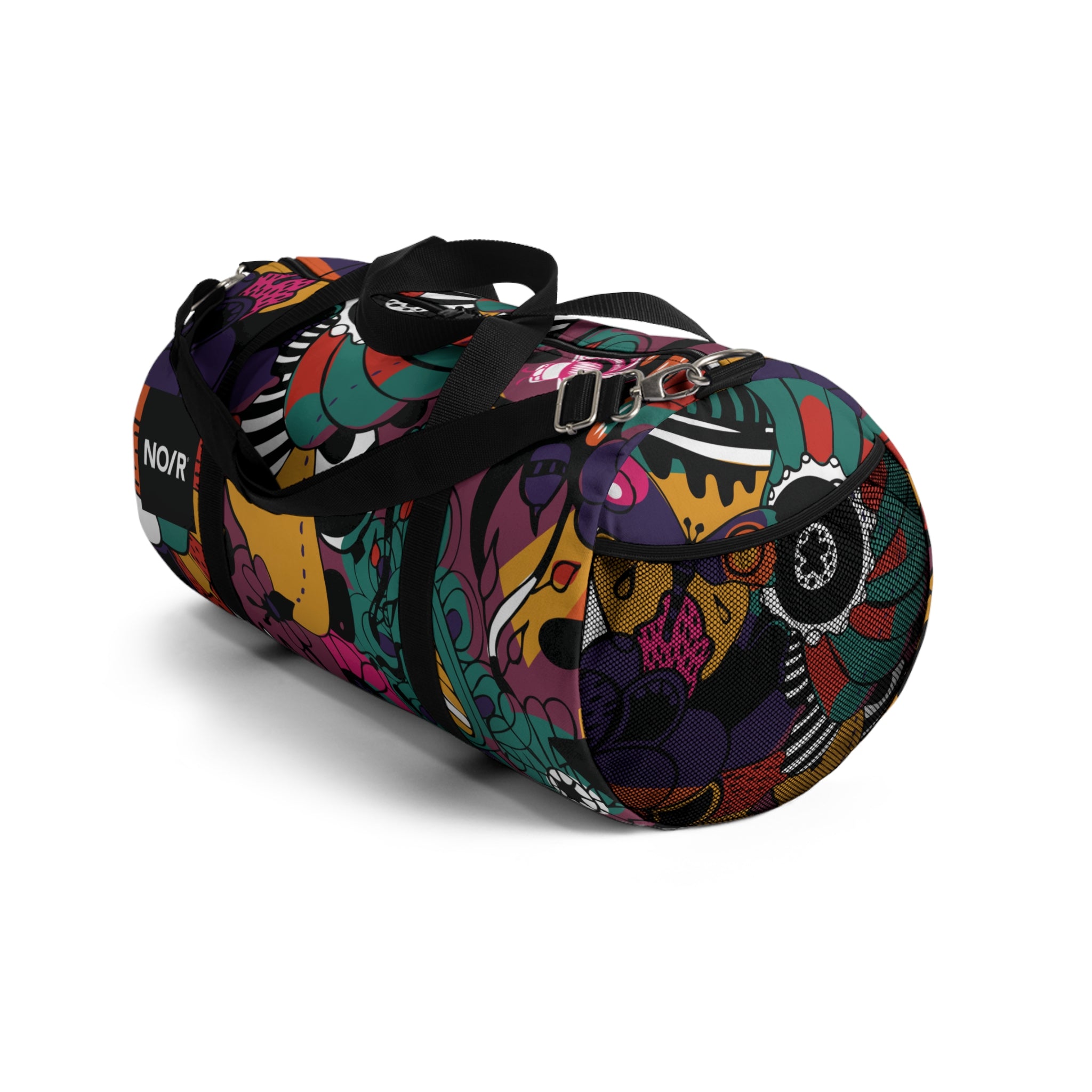 NO/R X BONGANG JEWEL Duffel Bag featuring vibrant, abstract artwork by Kevin Bongang. The bag showcases a dynamic fusion of colors and patterns, transforming a classic travel accessory into a wearable piece of art."