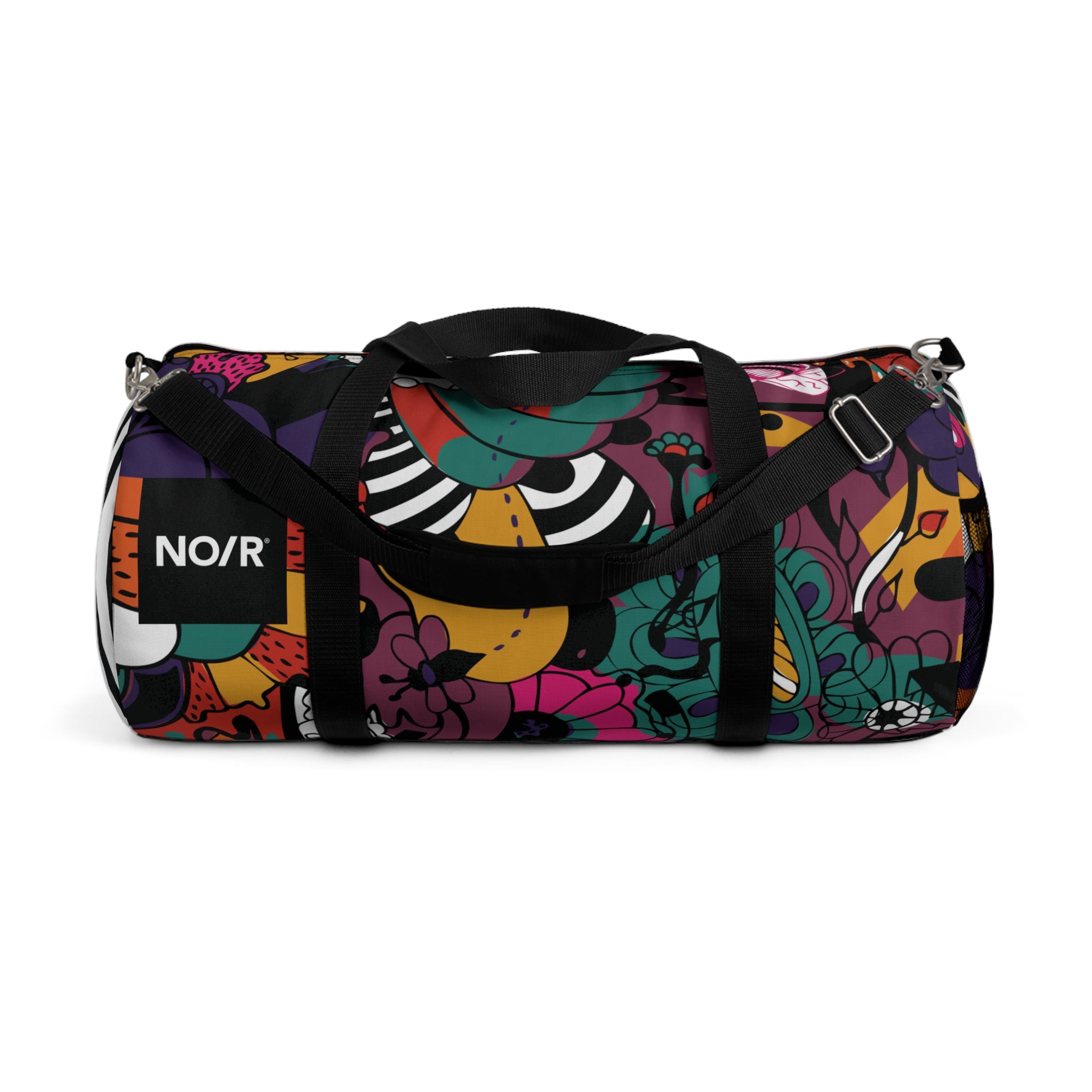 NO/R X BONGANG JEWEL Duffel Bag featuring vibrant, abstract artwork by Kevin Bongang. The bag showcases a dynamic fusion of colors and patterns, transforming a classic travel accessory into a wearable piece of art."