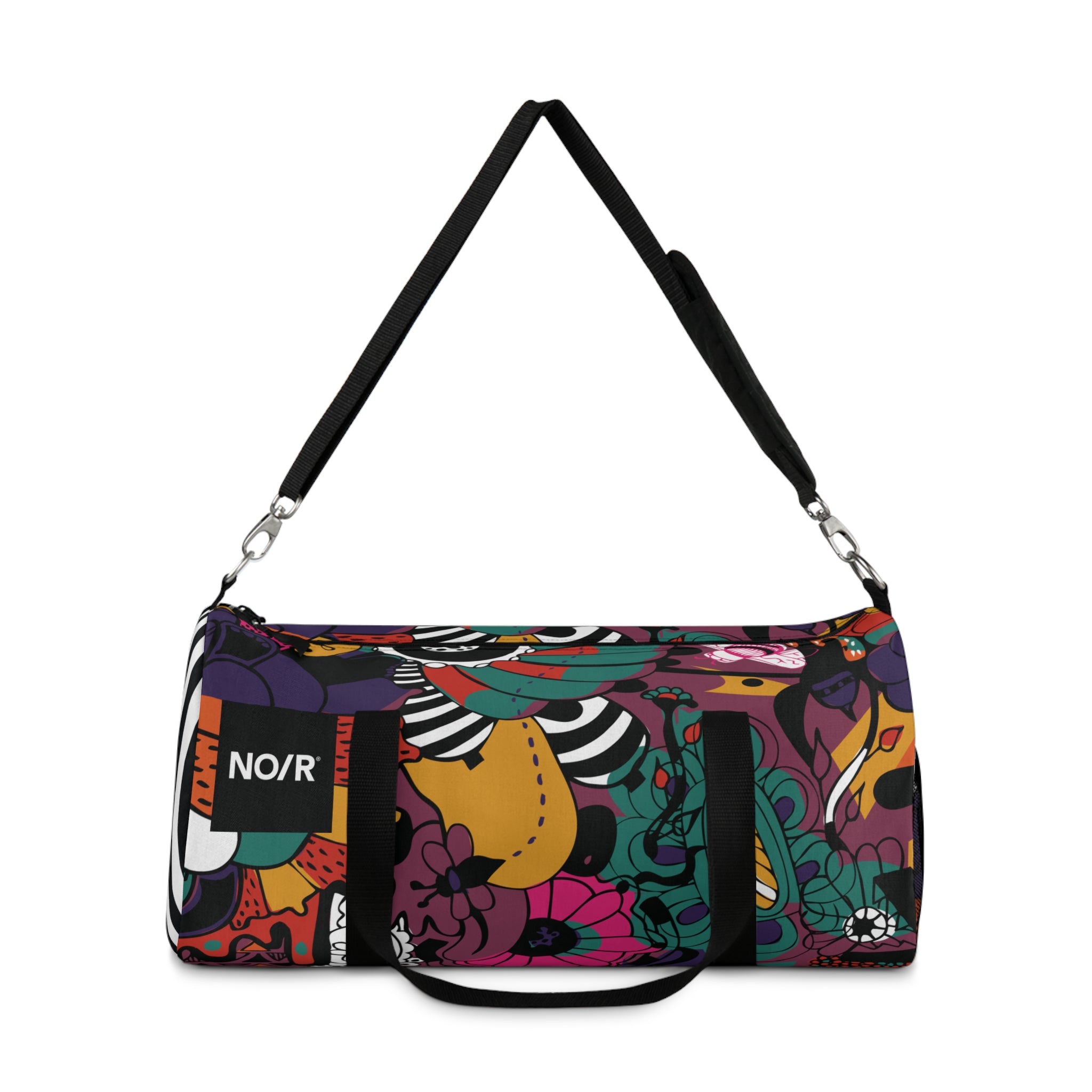 NO/R X BONGANG JEWEL Duffel Bag featuring vibrant, abstract artwork by Kevin Bongang. The bag showcases a dynamic fusion of colors and patterns, transforming a classic travel accessory into a wearable piece of art."