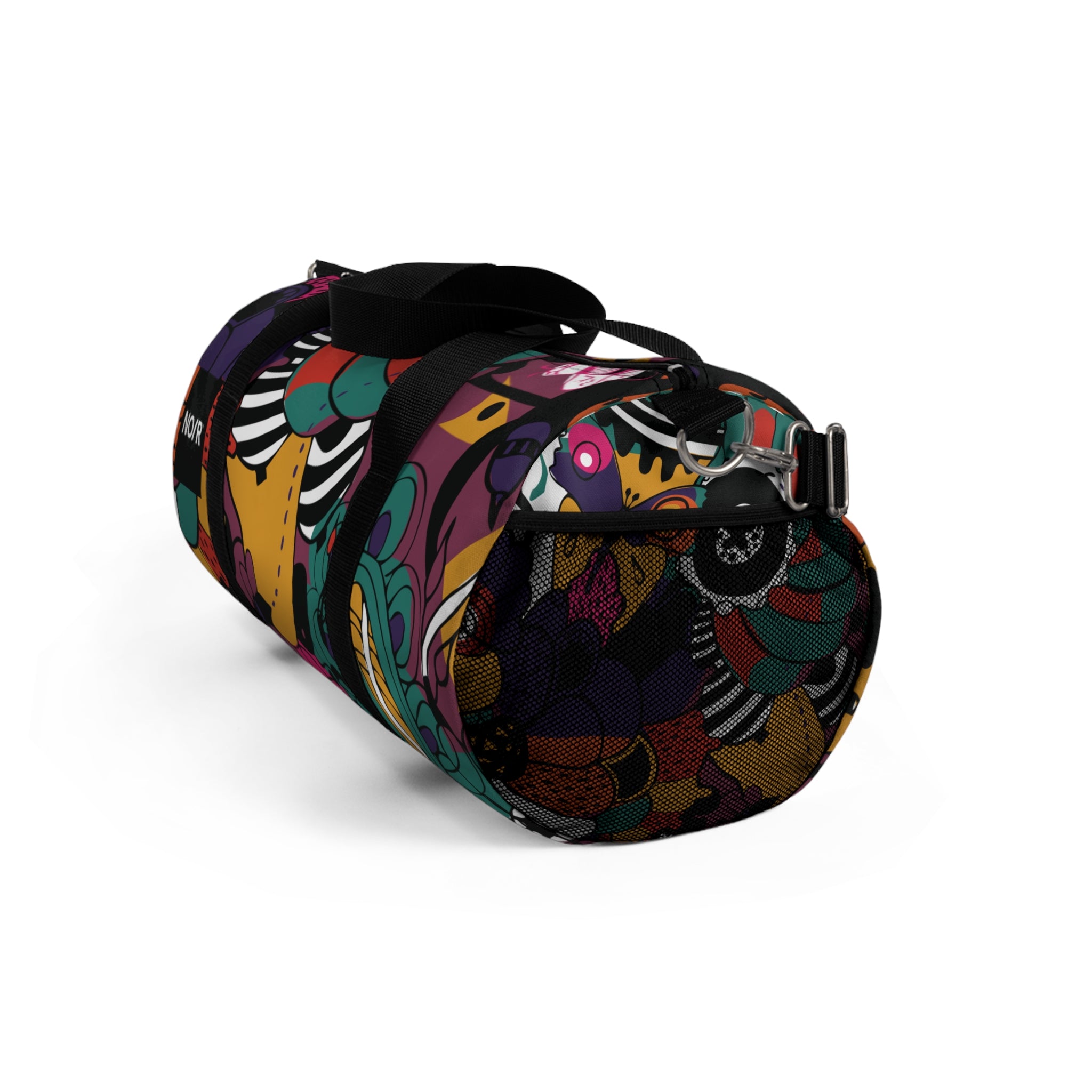 NO/R X BONGANG JEWEL Duffel Bag featuring vibrant, abstract artwork by Kevin Bongang. The bag showcases a dynamic fusion of colors and patterns, transforming a classic travel accessory into a wearable piece of art."