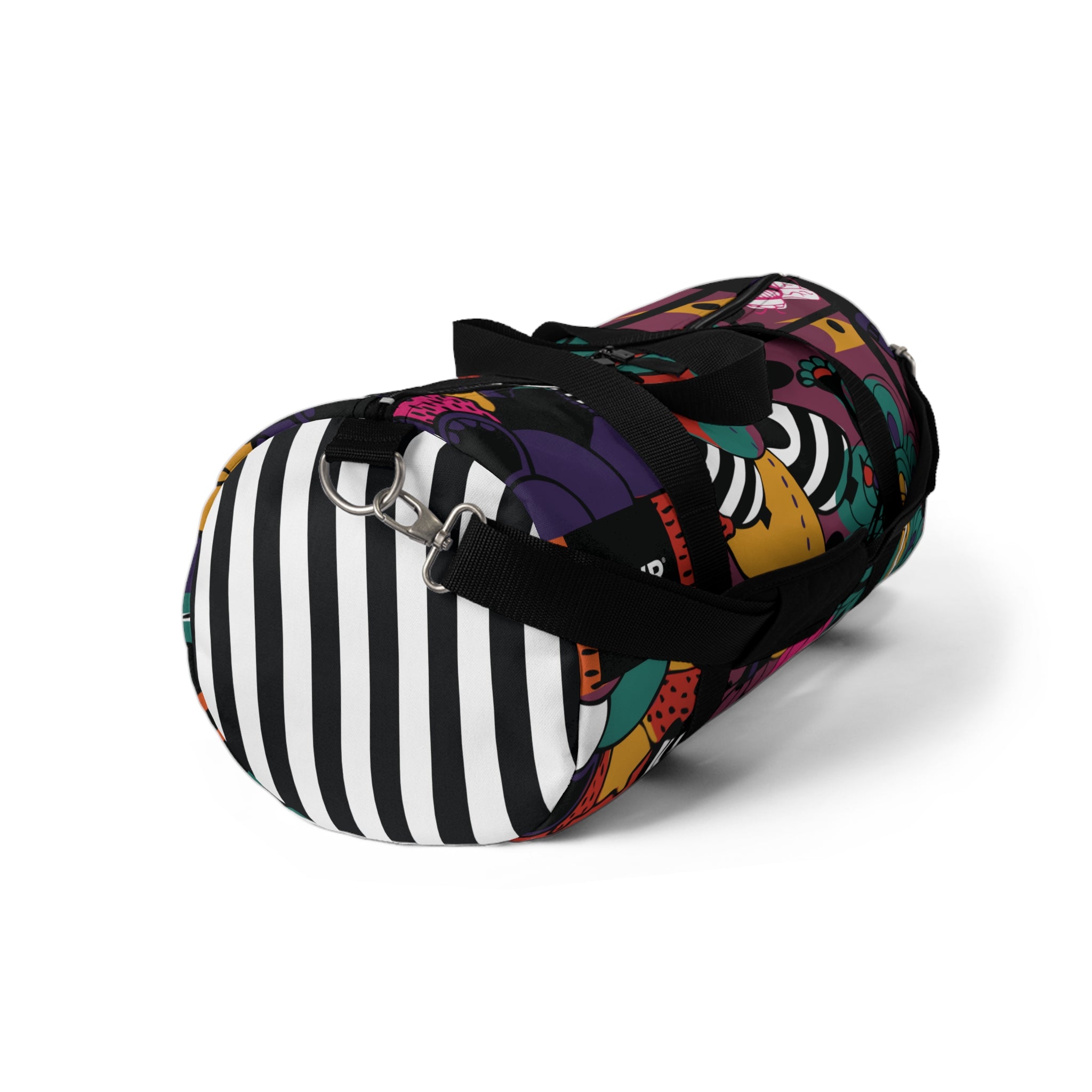 NO/R X BONGANG JEWEL Duffel Bag featuring vibrant, abstract artwork by Kevin Bongang. The bag showcases a dynamic fusion of colors and patterns, transforming a classic travel accessory into a wearable piece of art."