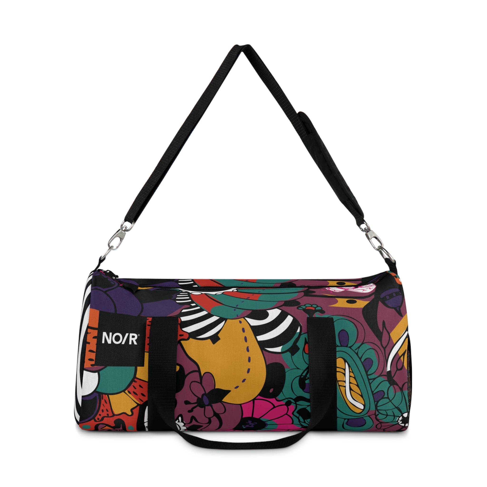 NO/R X BONGANG JEWEL Duffel Bag featuring vibrant, abstract artwork by Kevin Bongang. The bag showcases a dynamic fusion of colors and patterns, transforming a classic travel accessory into a wearable piece of art."